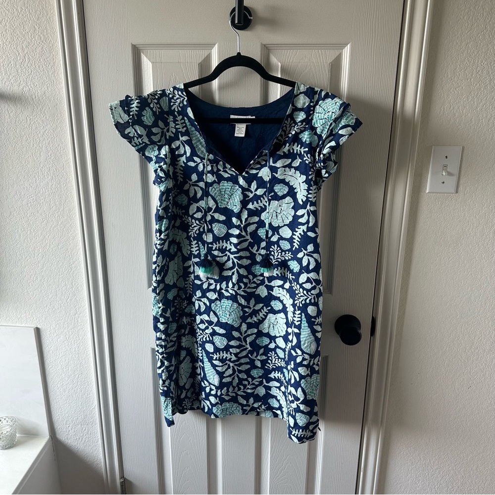 Vineyard Vines Navy and Mint Seashell Print Linen Blend Shift Dress Small